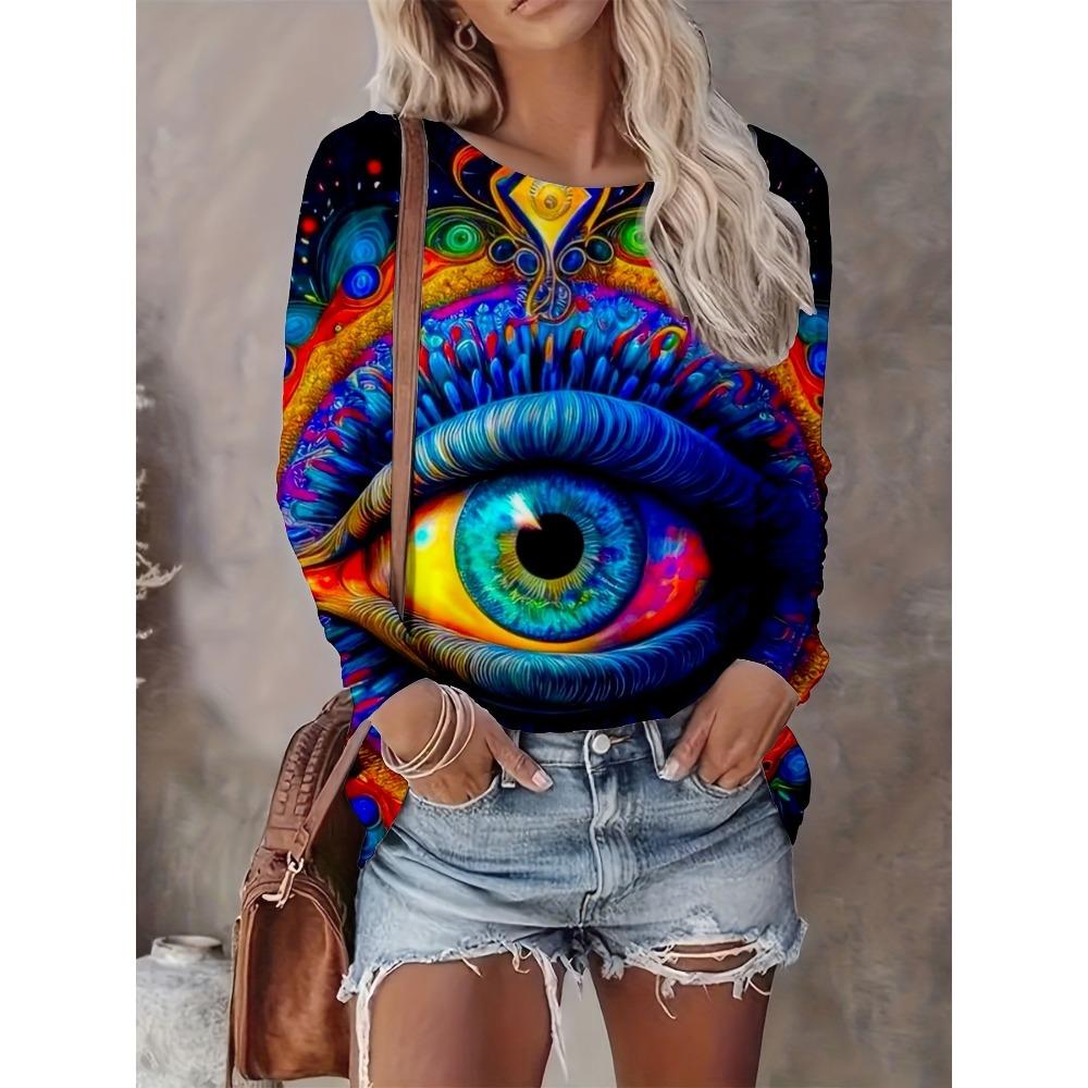 Fashionable Casual Round Neck Long Sleeved T-shirt Soft Comfortable Vintage Versatile Loose Creative Colorful Eyes 3d Printed Women's T-shirt