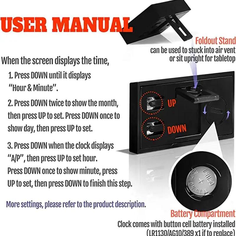 Mini Digital Clock Large Screen Car Dashboard Electronic Clock Self-adhesive Mini Clock Durable Car Clock