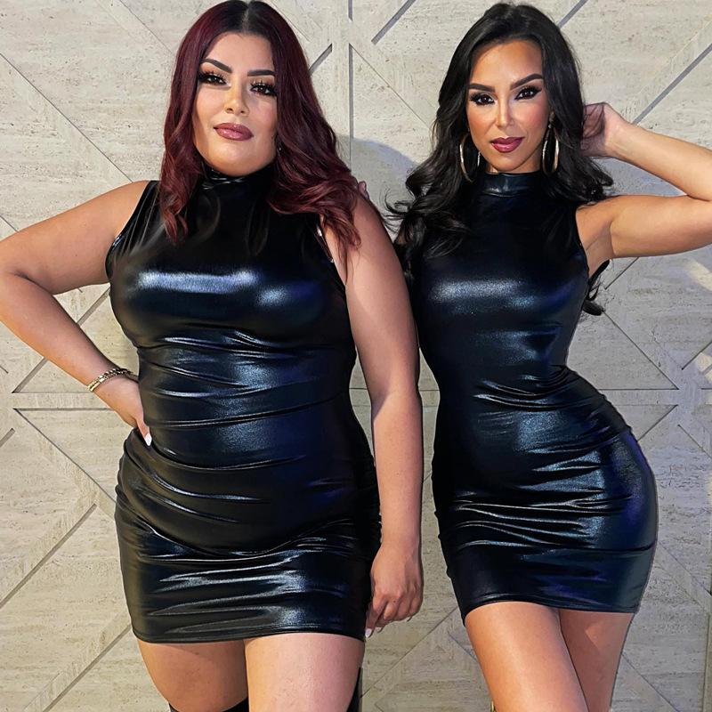 Vestido de Cintura com Gola Alta Sem Mangas em Couro Sintético Banhado a Ouro para Mulheres