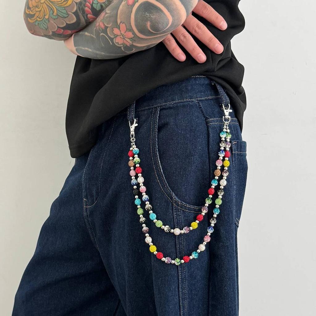 Salircon Trendy Colorata Catena Vita con Strass e Perline Cintura Portachiavi Uomo Punk Harajuku Catena per Borsa Pantaloni Gioielli da Strada Regalo Maschile