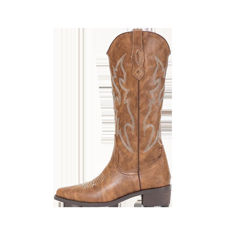 Retro Embroidered Thread Western Cowboy Boots Women's Spring and Autumn New Pointed Thick Heel Sleeve Versatile Knight Boots