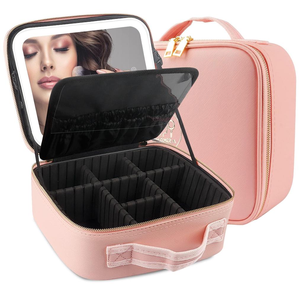 MOMIRA Makeup Box with Cosmetic Storage Cosmetic Case with Adjustable Adjustable LED and Makeup Brush Large Travel Pink Mirror, Box, Dividers, 3-Color