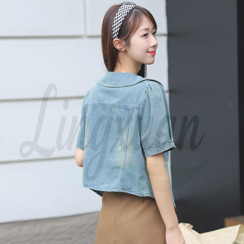 

Korean Retro Soft Thin Short-Sleeved Top Small синий