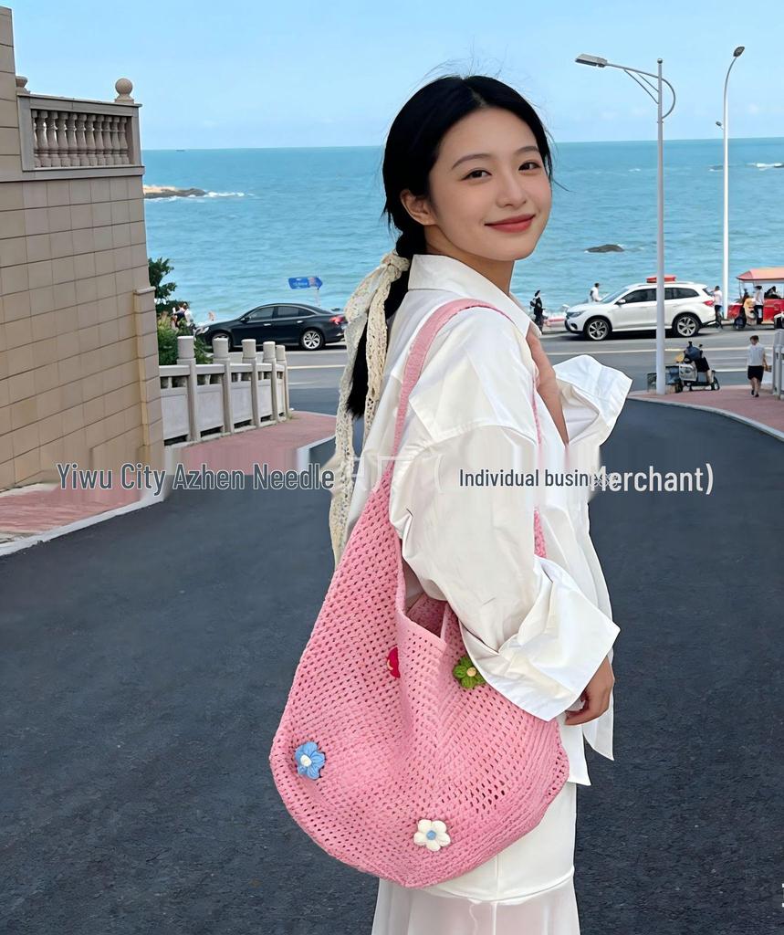 Korean Chic Crochet Mesh Shoulder Bag – Women’s Hand-Knitted Large Tote for Summer Beach