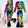 Girls Round Neck Long Sleeve Printed Crop Top Flared Pants Two Piece Set