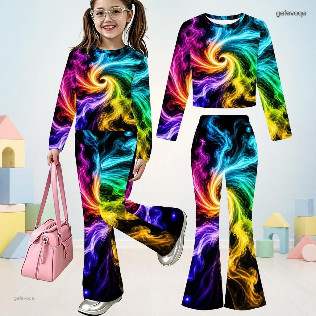 Girls Round Neck Long Sleeve Printed Crop Top Flared Pants Two Piece Set