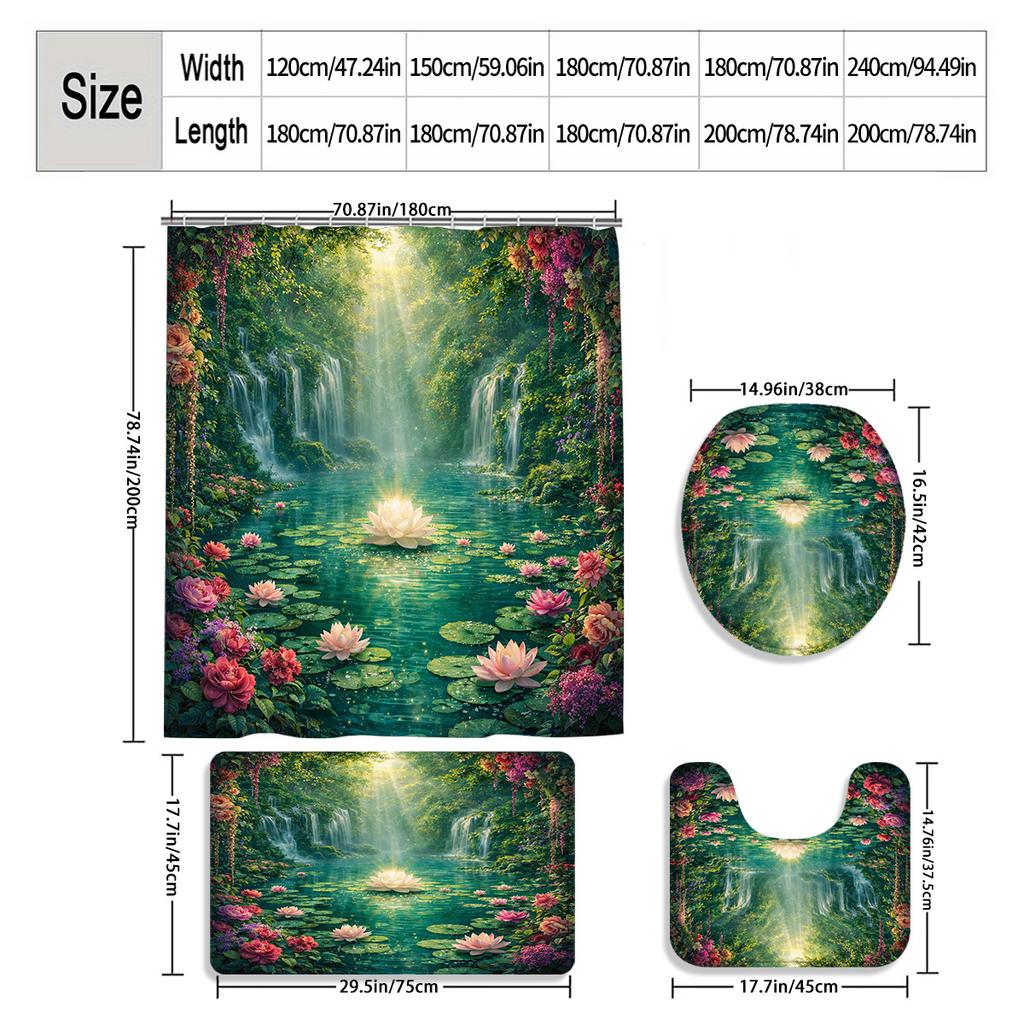 4Pcs 2D Flat Enchanted Waterfall Shower Curtain Set with Non-Slip Bath Mat, Toilet Lid Cover, Contour Rug & 12 Hooks, Bathroom Decor