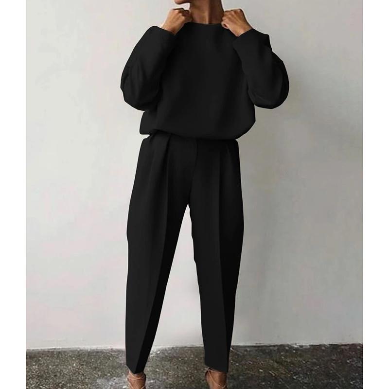 Kobiety eleganckie solidne zestawy 2-częściowe Casual O-Neck pulowerowe topy długie spodnie garnitur moda damska luźne stroje Streetwear