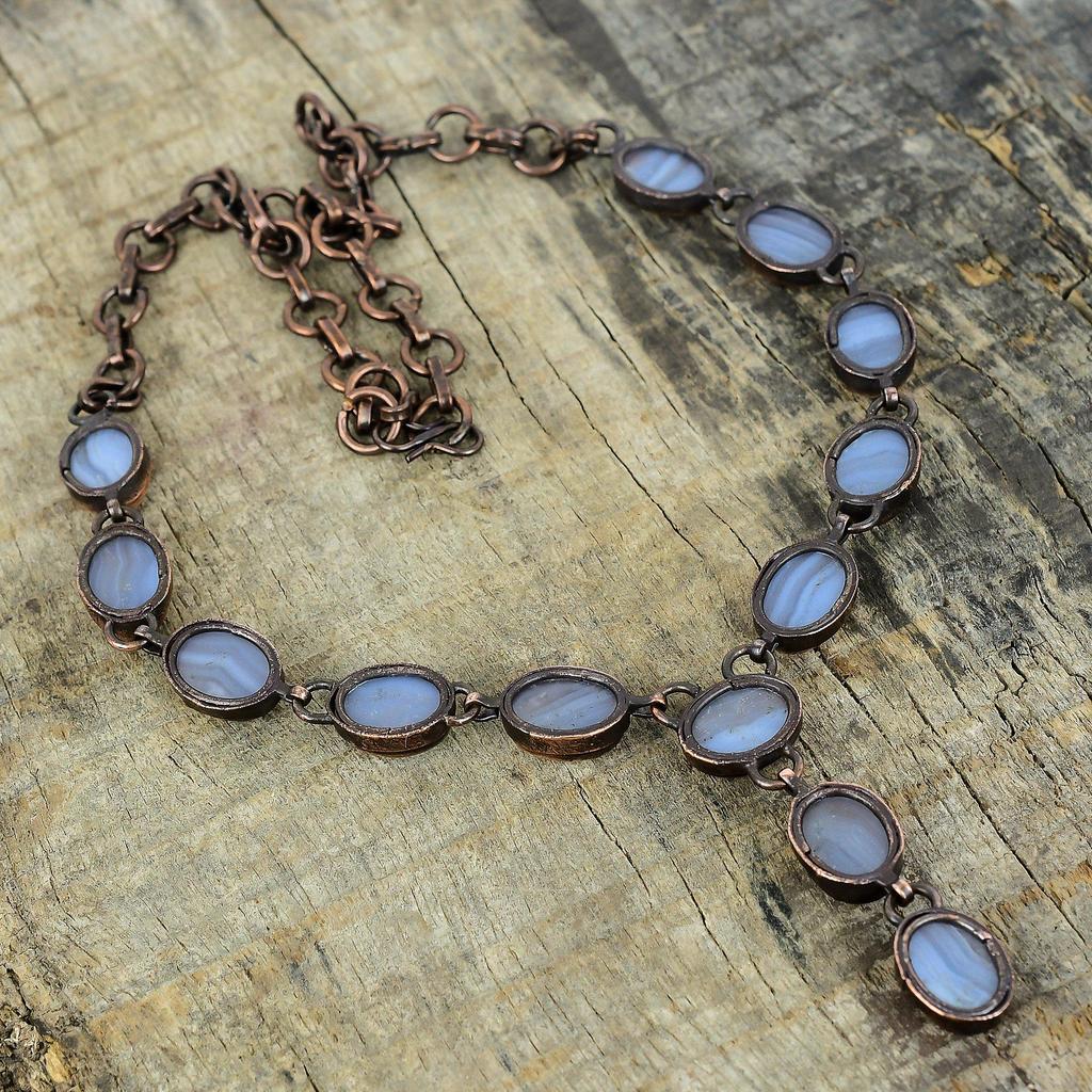 Blue lace agate necklace electroformed copper necklace handmade gemstone jewelry adjustable chain necklace antique jewelry gifts for mother