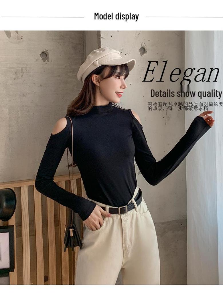 Women's Black Off-Shoulder Slim Fit Long Sleeve Korean Style Top
