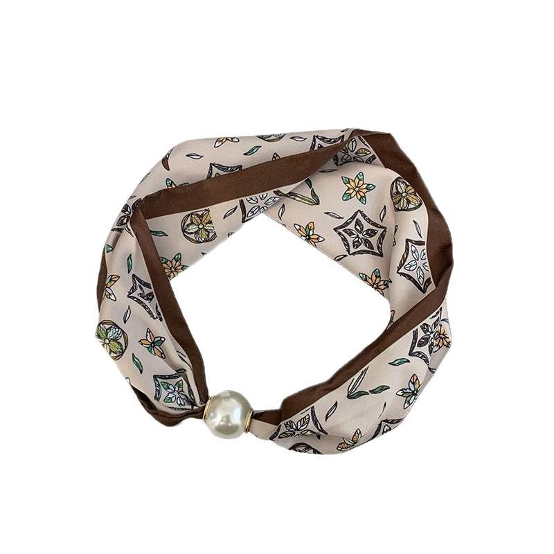 Big pearl magnetic buckle silk scarf high sense spring and summer new versatile necklace neck chain scarf silk scarf