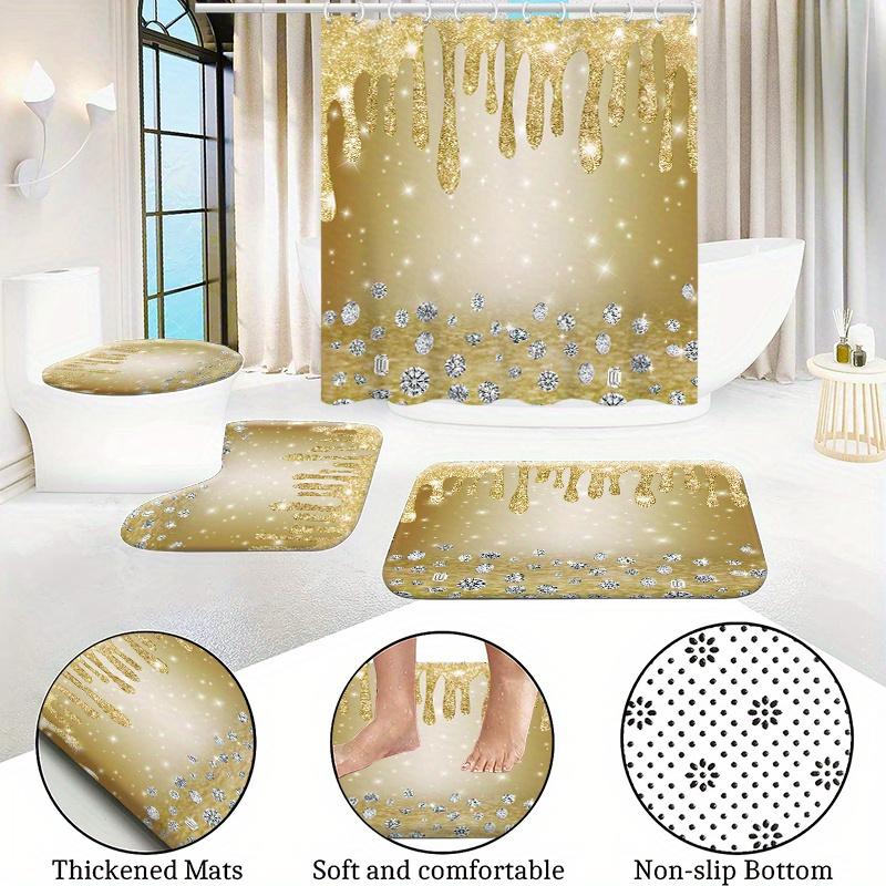 1/4 buc Set Perdea de Duș Luxoasă Aurie Florală Impermeabilă Set Decorativ pentru Baie Covor Antiderapant Capac Toaletă Covoraș de Baie și 12 Cârlige