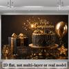 2D Spanish Happy Birthday Backdrop, Black Gold Cake & Gift Photography Background