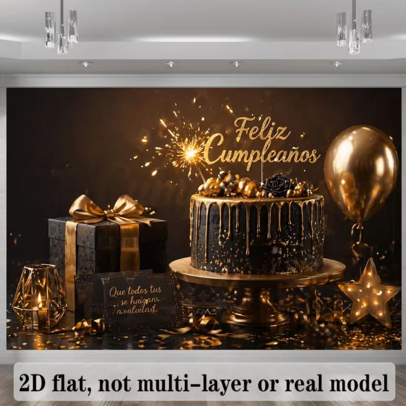 2D Spanish Happy Birthday Backdrop, Black Gold Cake & Gift Photography Background