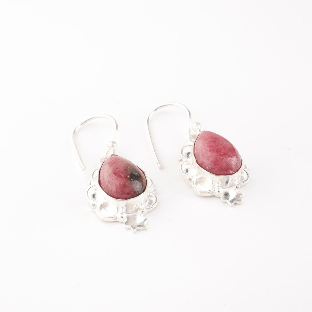 Natural Rhodonite Gemstone 925 Sterling Silver Jewelry Handcrafted Earrings 1.6" EE-163-25
