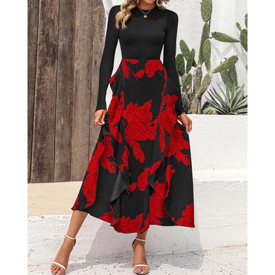 Spring Long Sleeve Elegant Slim Women Casual Dress Fashion Autumn Spliced Print Vintage Long Dresses Women High Waist A Line Sexy Party Dress 25943