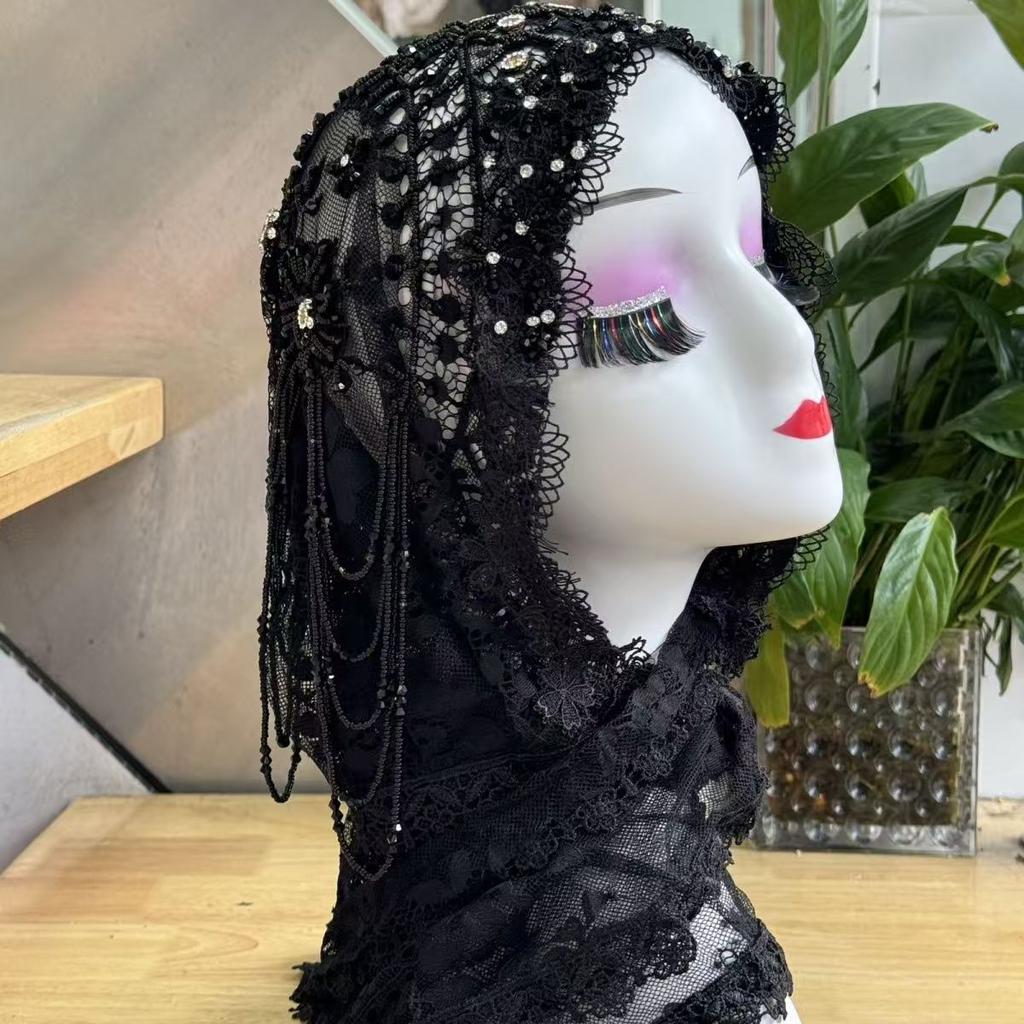 Muslim Women's Hijabs Black Grey with Beading Ramadam Headscarf  Evening Party Luxury Kufi Scarf Dubai Turban Islam Hat