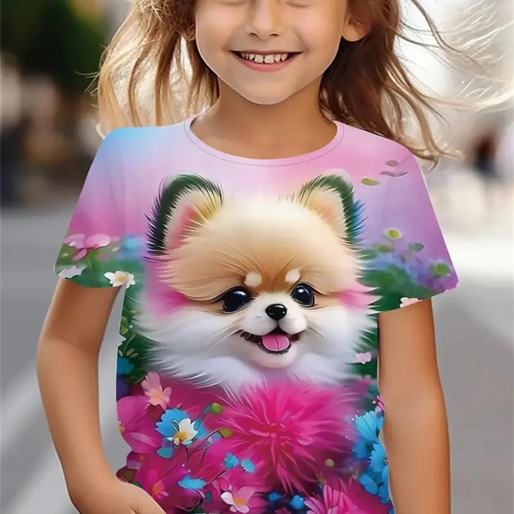 

Новые забавные футболки с изображением животных и собак для девочек, праздничные футболки с короткими рукавами, повседневные футболки 150