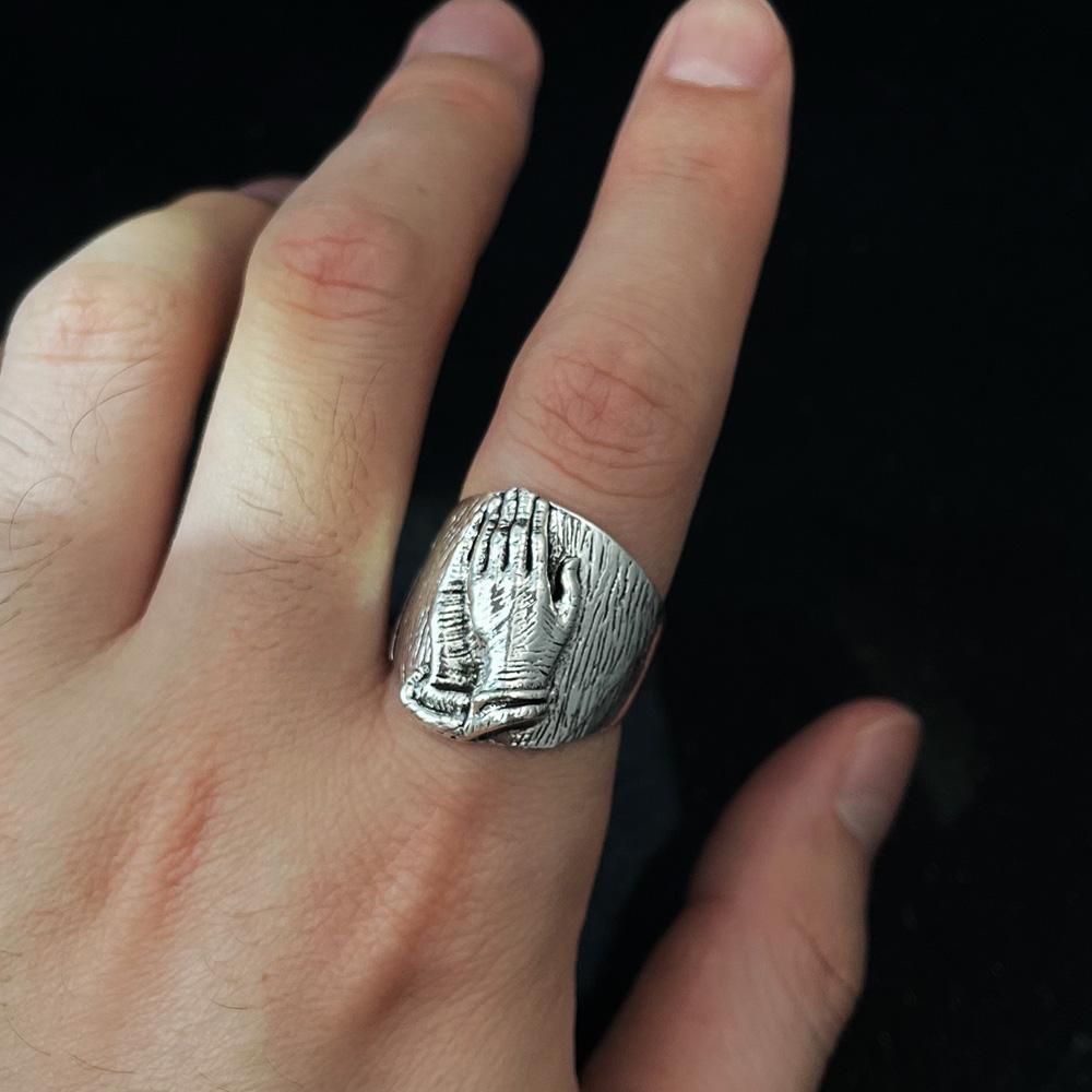 Retro Praying Hands Adjustable Open Ring for Men Women Gothic Punk Biblical Jewelry Unisex Christian Gift Vintage Accessories