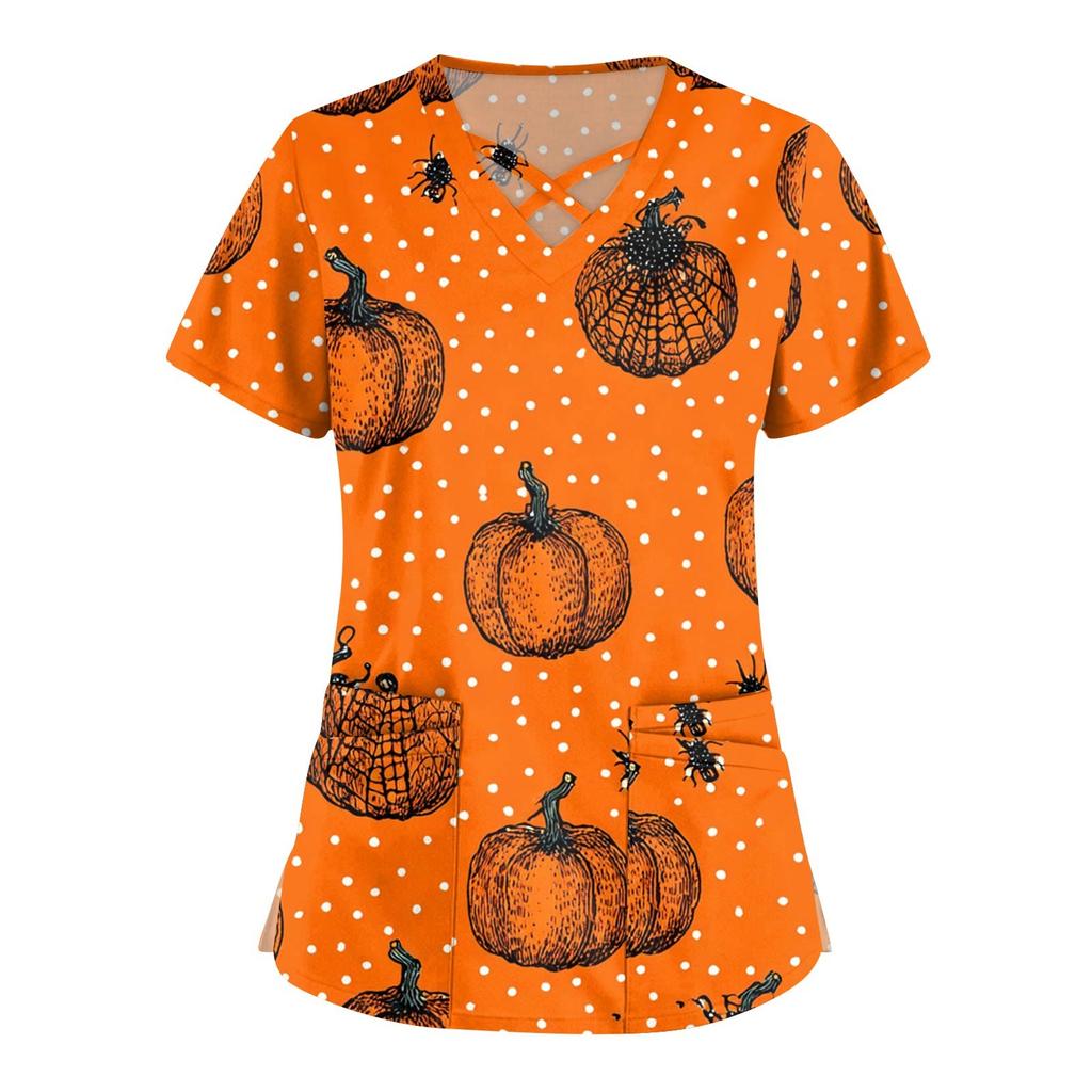 Women's Fashion Cross V Neck Short Sleeve Overalls Double Pockets Halloween Printed Tops Uniforms
