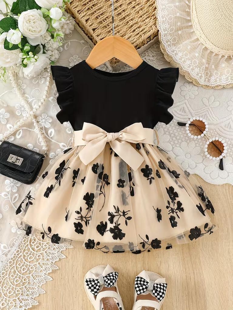 Süßes Kleinkind Mädchen Blumenmuster Tüllkleid Puffärmel Elegantes Prinzessinnenkleid für den Alltag und Partys