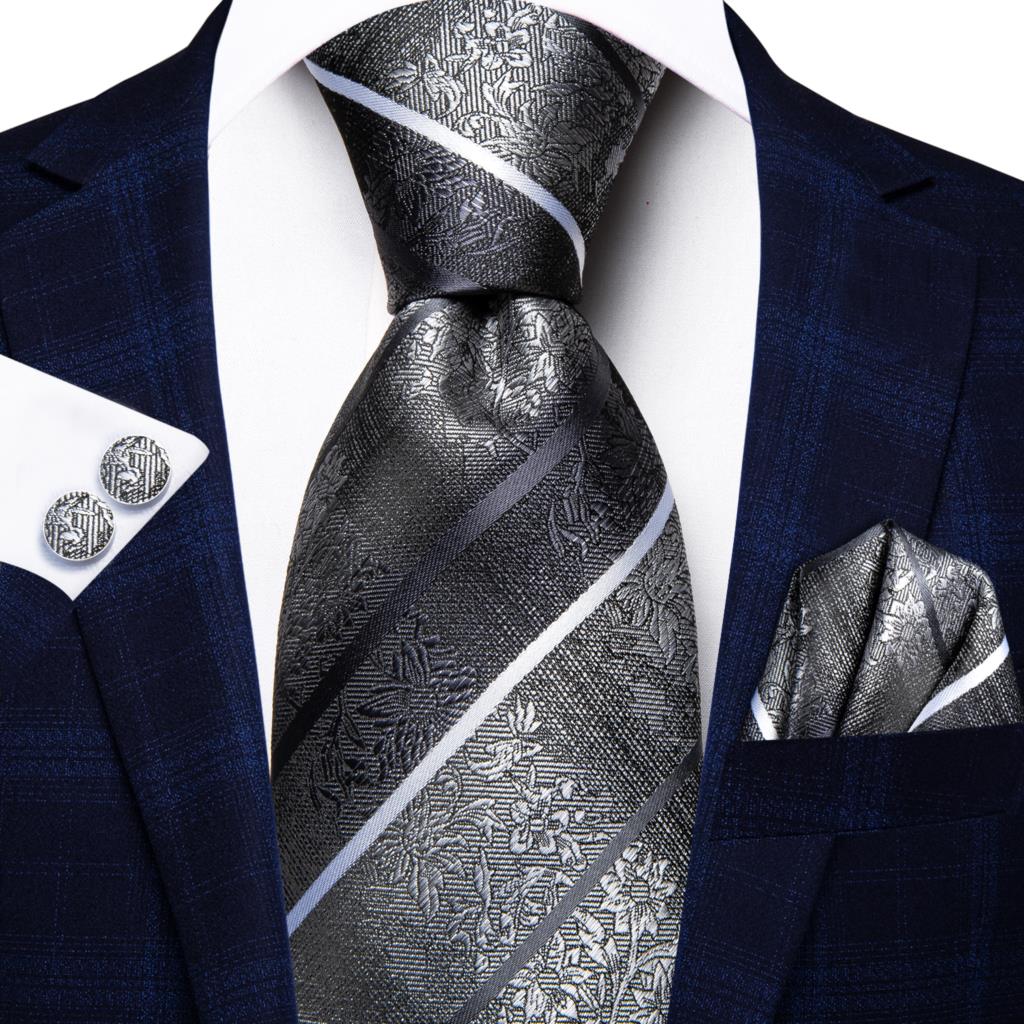 Hi-Tie Navy Blue Striped Silk Wedding Tie For Men Fashion Design Gift Men Necktie Hanky Cufflink Set Business Party Dropshiping