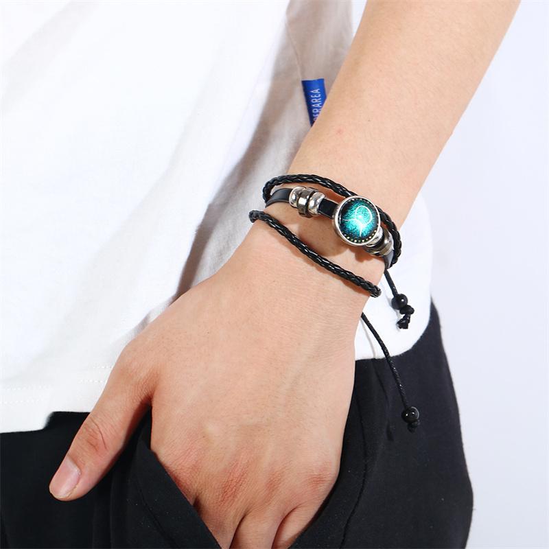 Luminous Twelve Constellation Artificial Gemstone Bracelet ;Beaded Rope Pu Leather 12 Constellation Woven Bracelet