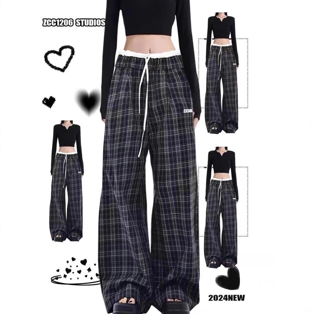 Women's High Waist Retro Patchwork Plaid Wide Leg Pants - Loose Casual Floor-Length Trousers