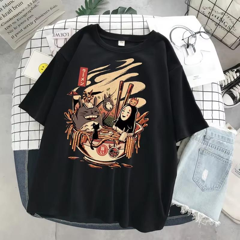 Hayao Miyazaki Anime Series Totoro Printed Men's and Women's Casual Loose Round Neck Short Sleeves Harajuku Anime Tshirt