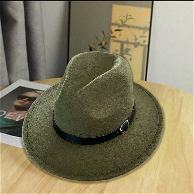 Hat men's autumn and winter new European and American style fashion belt buckle jazz hat women's casual big wide brim retro gentleman's top hat
