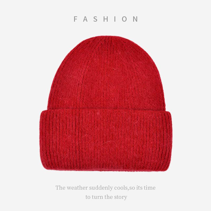 Soft Sticky Rabbit Fur Knitted Woolen Hat for Women In Winter Solid Color Warm Cover Head Showing Small Face Hats & Caps (women’s)