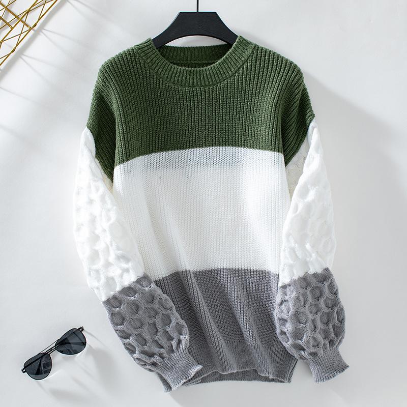 2024 Autumn And Winter European And American Round Neck Long Sleeved Casual Contrasting Pullover Sweater For Women