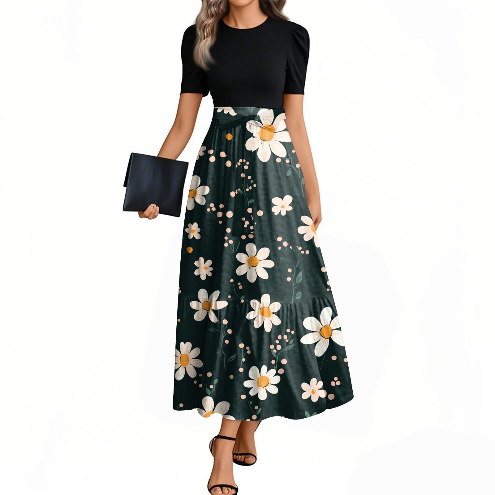 

Women s Fashion Casual Belt Short Sleeve Round Neck Floral Stitching Elegant Temperament Dress M