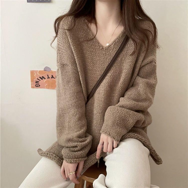 

Spring Autumn Women s Lazy Style Sweater Coat Loose Slimming Pullover Minimalist Korean Style Soft Split Knit Top S