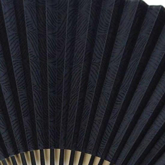 Large Cloth-covered Fan, Black Lacquered Base, Black Dyed, Navy Blue Pattern.