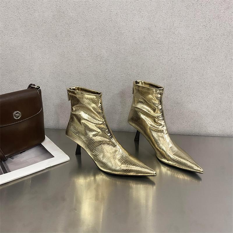 

2025 осінньо-зимові нові гостроносі короткі чоботи-труби на тонких підборах на блискавці, модні, універсальні, французькі короткі чоботи на високих підборах 39 золотий
