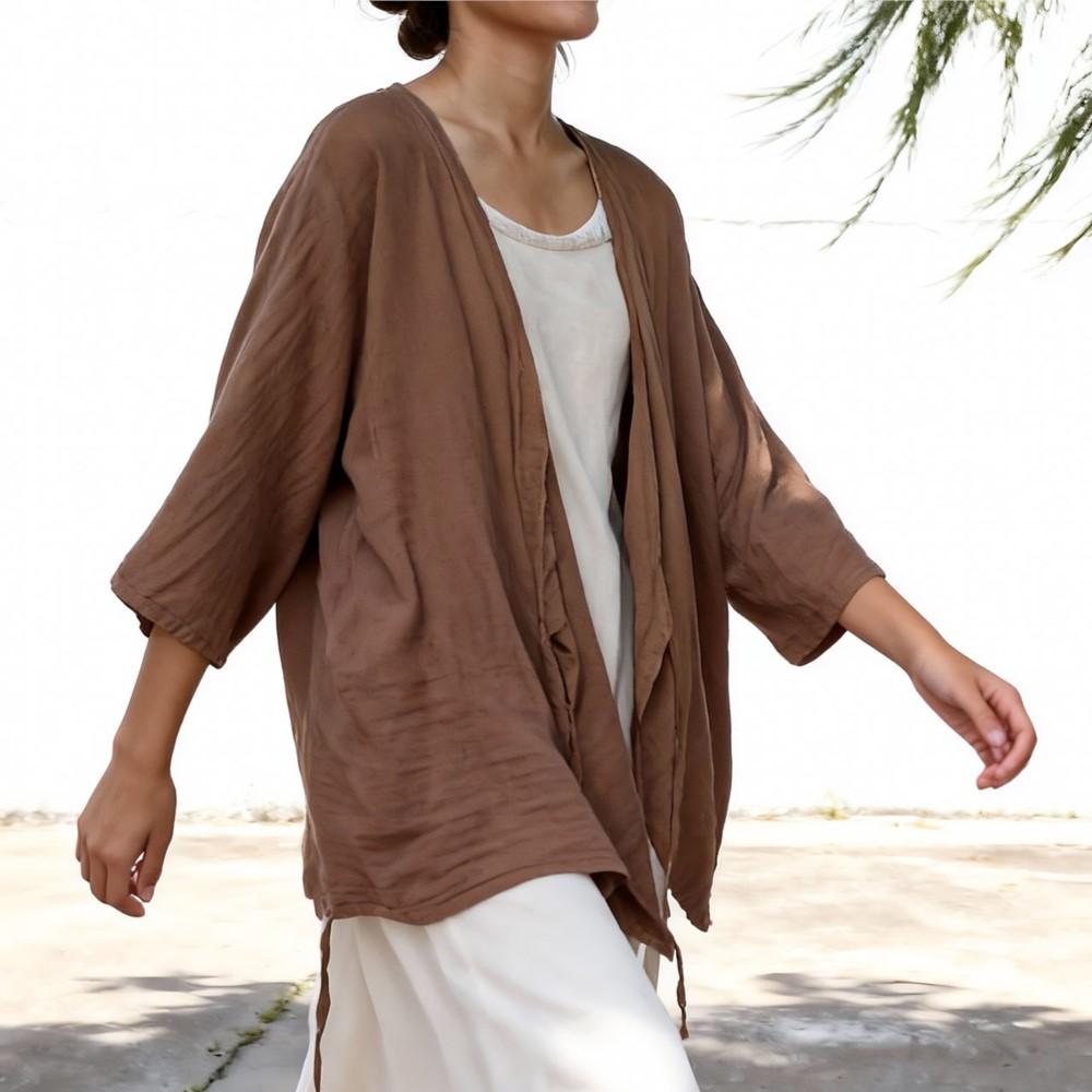 

Johnature Women Vintage Shirts Spring Chinese Style Tops Solid Color Tops Belt V-Neck Long Sleeve Soft Blouses One Size