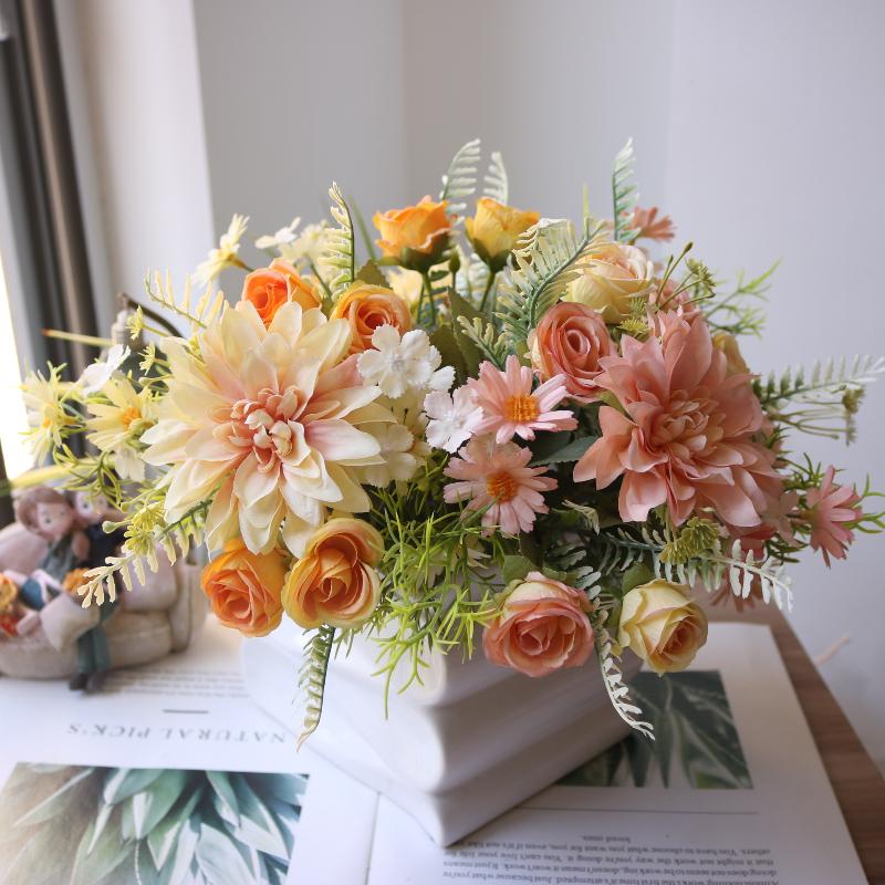 1Pc Artificial Rose Flowers Wedding Home Bedroom Decor Bridal Bouquet Garden Fake Silk Dahlia Hydrangeas Vase For Board Outdoors