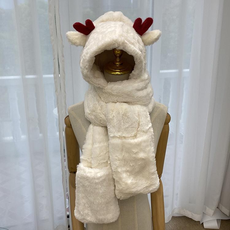 Hat and Scarf Integrated Cute Deer Ears Thickened Plush Scarf Women's Winter Warm Neck Gloves Three-piece Set