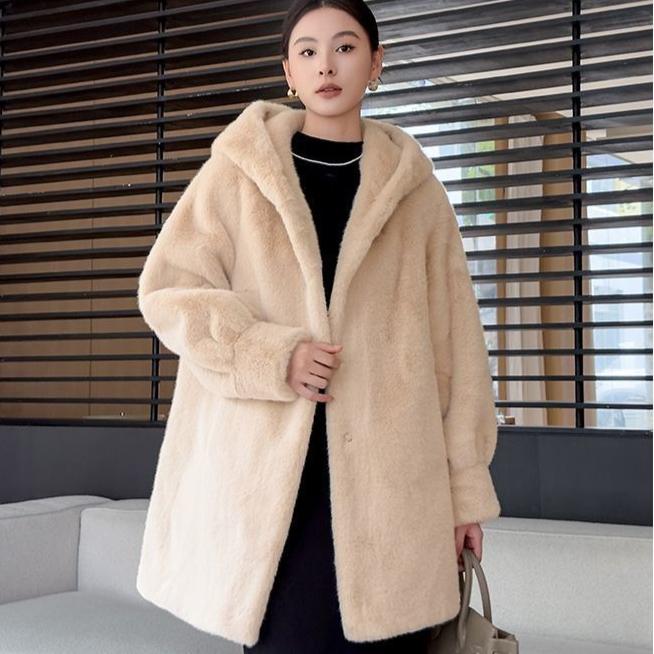 Women's Winter Fur Coat Mid-Length Thickened Eco-Friendly Hooded Fur Coat Faux Mink Fur Coat
