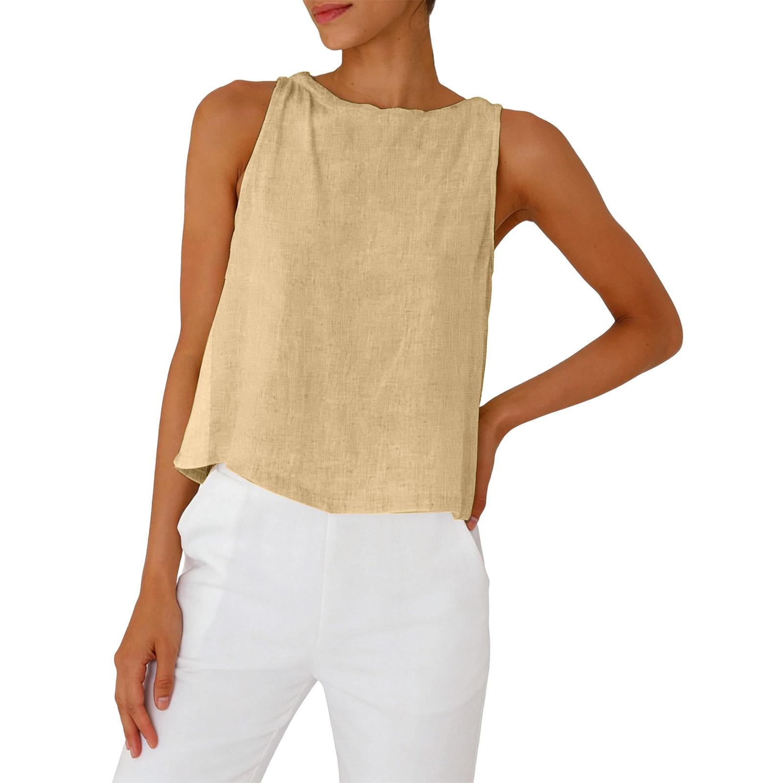 Женская модная льняная рубашка без рукавов с круглым вырезом Льняная одежда Жилет без рукавов XL хаки