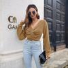 Balloon Sleeve Sweater Women Solid Color Cropped Knotted V Neck Autumn Winter Sizes S to L