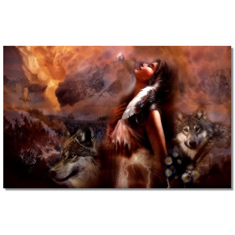 

Африканская девушка с волком, картина маслом на холсте, плакаты и принты Cuadros, скандинавская настенная художественная картина, домашний декор 30x40 No Frame