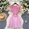 Fashion dress women's summer high-end U-neck short-sleeved waist thin and shiny striped A-word sweater skirt