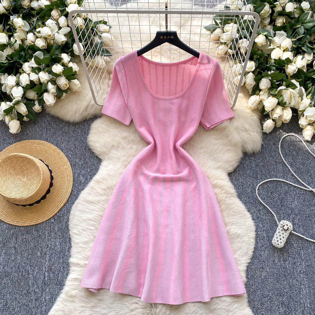Fashion dress women's summer high-end U-neck short-sleeved waist thin and shiny striped A-word sweater skirt