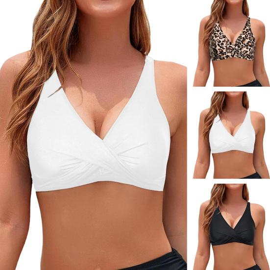 Women Bikini Bra V-Neck Sleeveless Leopard Print Tops Backless Knotted Design Push Up Tops Bathing Suit