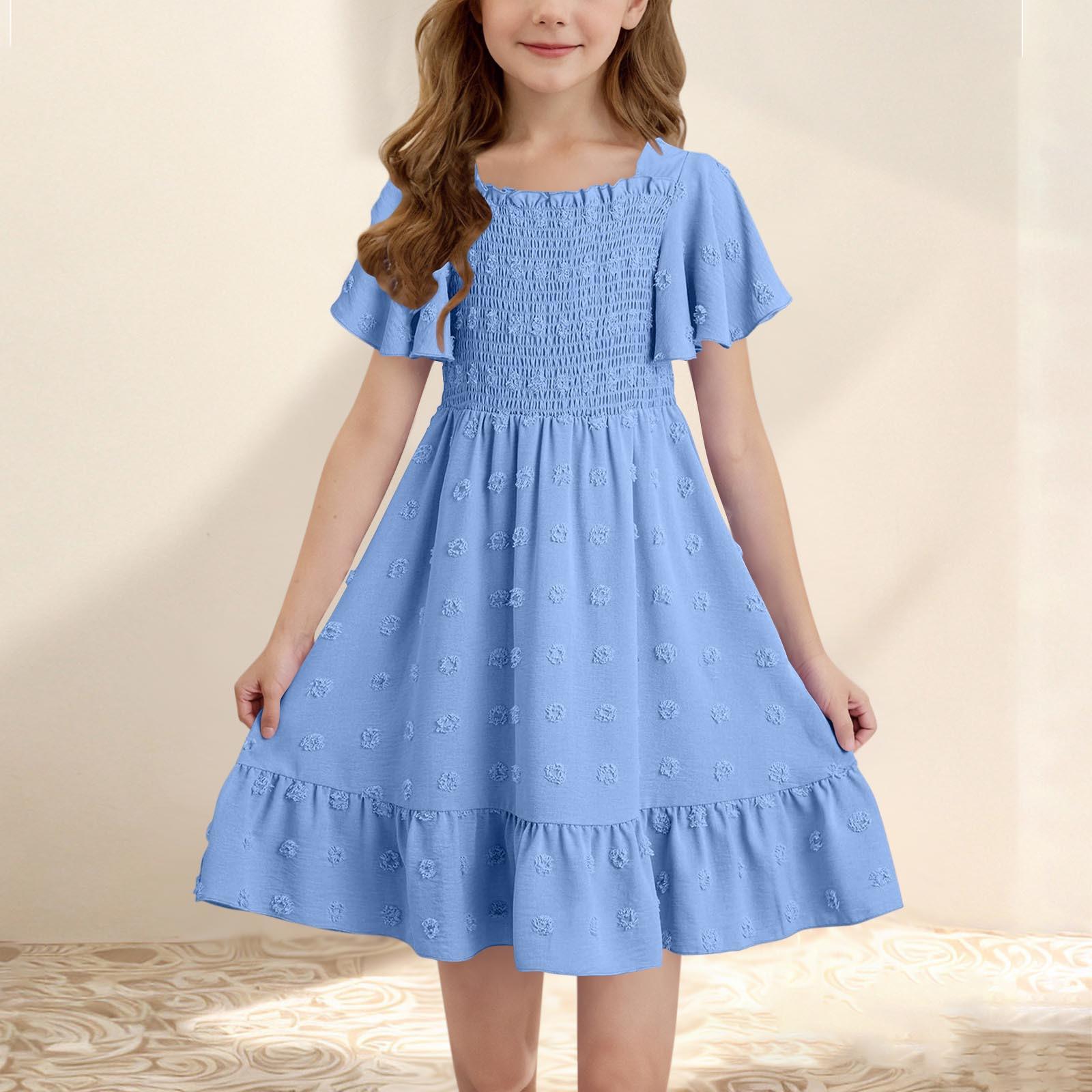 Girls  Square Neck Ruffle Dress - Short Backless Summer Frocks 140 синий