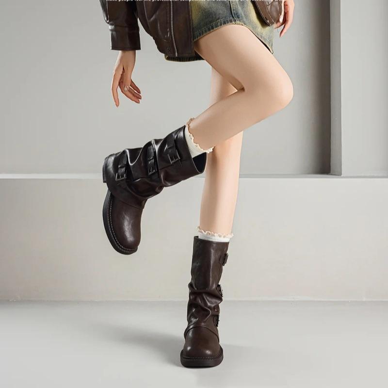 Skinny Medium Boots Children 2025 Autumn and Winter New British Style Retro Belt Buckle Western Boots Inner Heightening Stacking Boots