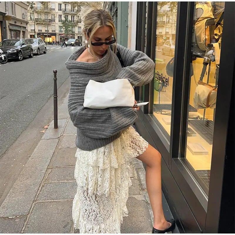Elegant Solid Slash Neck Thick Knitted Boat Neck Tops Women Casual Long Sleeve Loose Warm Pullover Jumpers Female Fashion High Street Sweater Knitwear