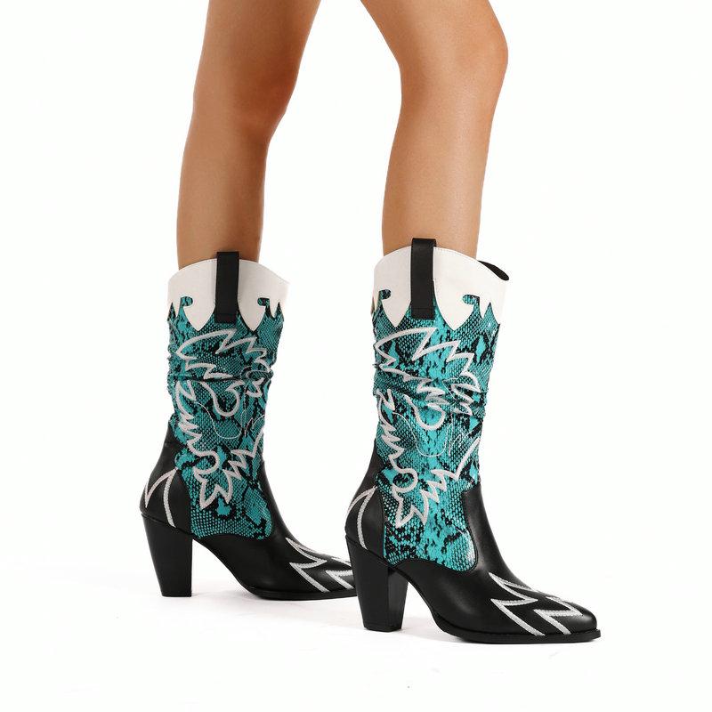 Fashion Cowboy Western Boots Women's Embroidery Mid Calf Boots Patchwork Snakeskin Mixed Colours Heels Shoes